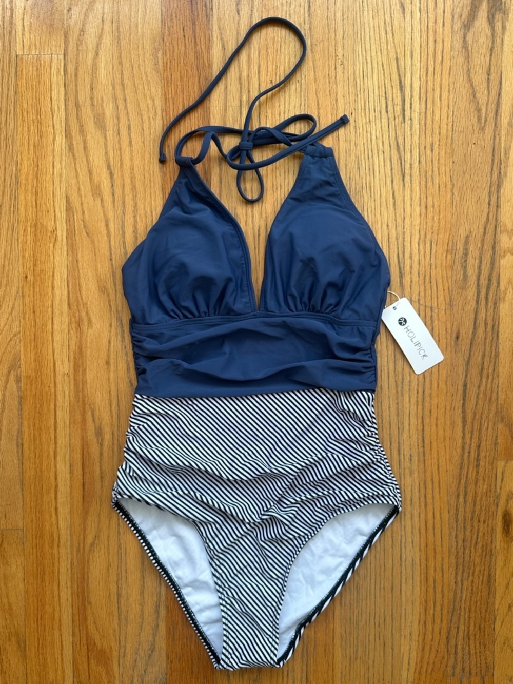 Holipick Navy Halter One-Piece with Striped Waist